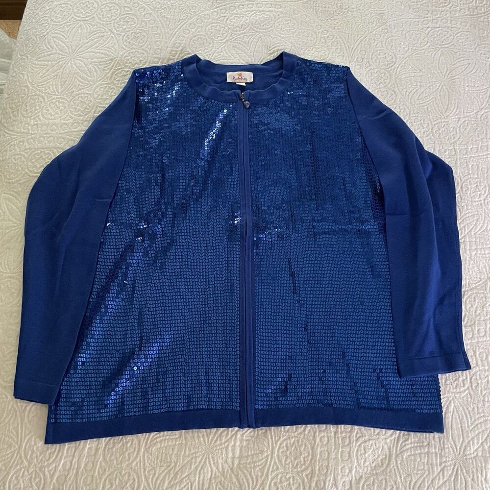 Quacker Factory full zip front blue sequin front cardigan sweater women's size L